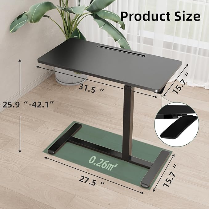 Mobile Standing Desk, Pneumatic Adjustable Rolling Desk(31.5 Inches), Portable Laptop Desk with Wheels, Overbed Bedside Table Laptop Table for Couch, Home, Office, Black