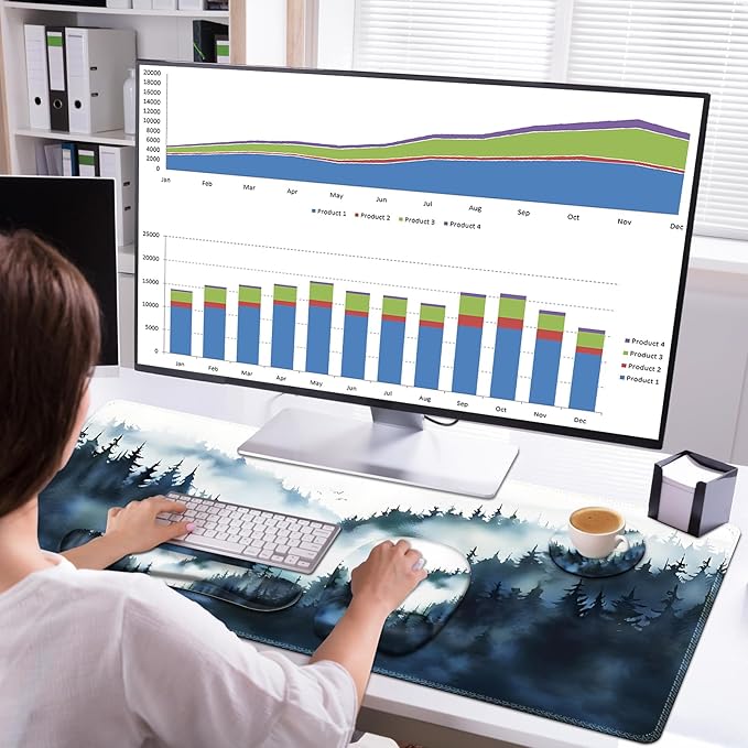 Large Mouse Pad, Keyboard Wrist Rest Set, Ergonomic Mouse Pad with Wrist Support, Desk Mat with Stitched Edges + Coaster, Extended Desk Pad Waterproof Desk Mat for Home Office Game I Misty Forest