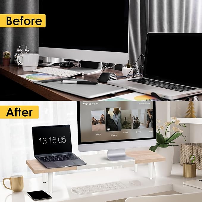 Dual-Monitor-Stand-Riser-For-Desk Adjustable Length 32-40 Inch,Large Desktop Computer Monitor Riser For 2 Screens,Desk Shelf Organizer Riser Stand For Computer/Laptop/PC/Printer/TV Black