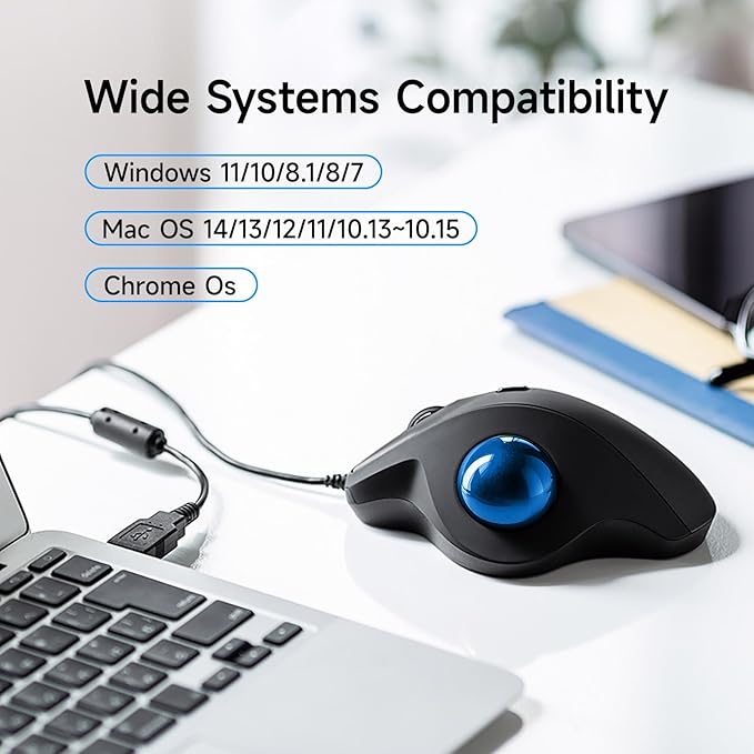 SANWA Wired Ergonomic Trackball Mouse, Optical Vertical Rollerball Mice, Silent Buttons, 34mm Trackball, 600/800/1200/1600 DPI, Compatible with MacBook, Laptop, Computer, Windows, macOS, Blue