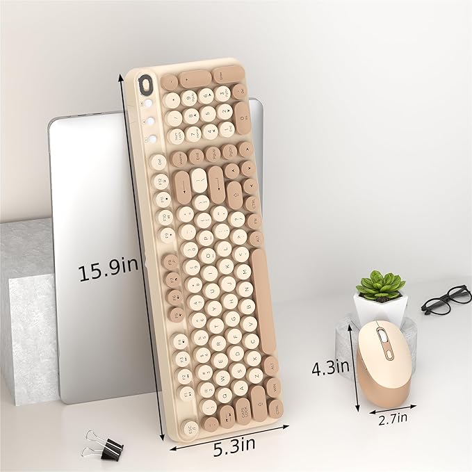 Wireless Keyboard and Mouse Combo, Full-Size Retro Typewriter Keyboard Style, 2.4GHz USB Receiver, Plug-and-Play, Keyboard Mouse Set for Computer, Laptop, Windows, Mac, and PC (Milk Tea)