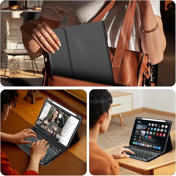 for iPad (A16) 11th Generation 2025 11-inch/10th Generation 2022 10.9 inch with Keyboard, 7 Colors Backlit Square Keycaps, Detachable Wireless Bluetooth Keyboard Case with Pencil Holder, Black
