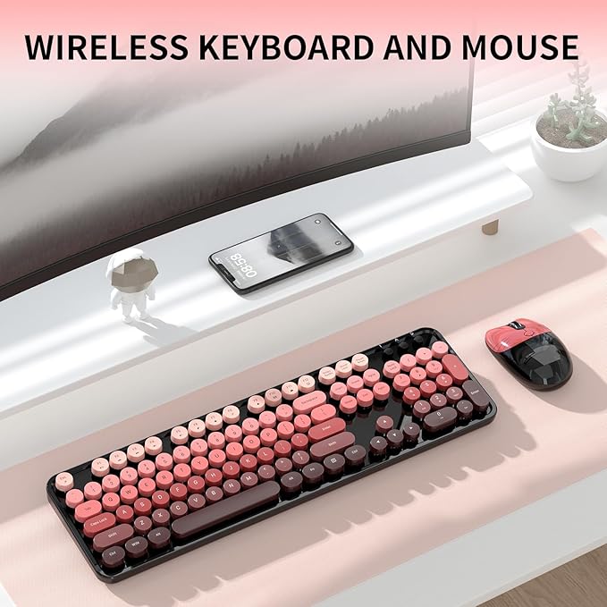 Wireless Keyboard and Mouse, 104 Round Keycaps Retro Typewriter with OTG & Brush, Full-Size Ergonomic, Ideal for Windows PC, Home, Office and College Black Pink