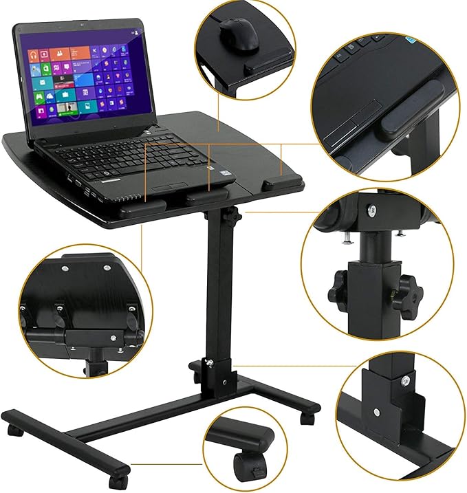 F2C Portable Adjustable Height 360° Swivel Laptop Desk PC Computer Mobile Notebook Laptop Stand Rolling Table Desk Cart Tiltable with Wheels Casters& Mouse Pad Table