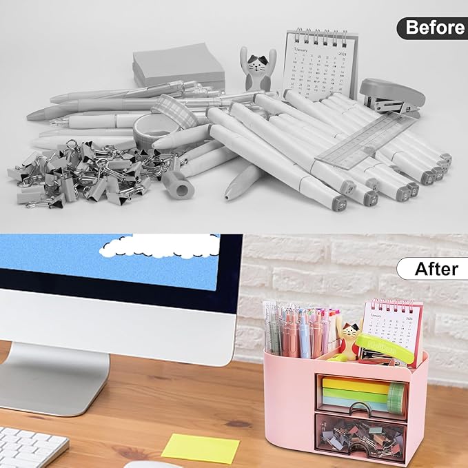 Desk Organizer with Drawer, Pen Organizer for Desk, Small Pencil Holder, Desk Organizers and Accessories for Office Home Storage (2 Drawers+4 Compartments, Pink)