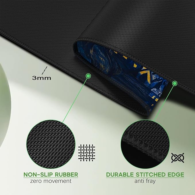 Van Gogh cat Starry Night Mouse Pad, Large Gaming Mouse Mat (31.5x11.8in), Micro-Woven Cloth Surface, Non-Slip Rubber Base, Machine Washable, for Office & Home