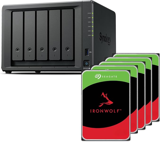 Synology DS1525+(2X 2.5GbE Ports, Ryzen V1500B, 8GB RAM) 5-Bay 40TB Bundle with 5X 8TB Seagate Ironwolf HDDs