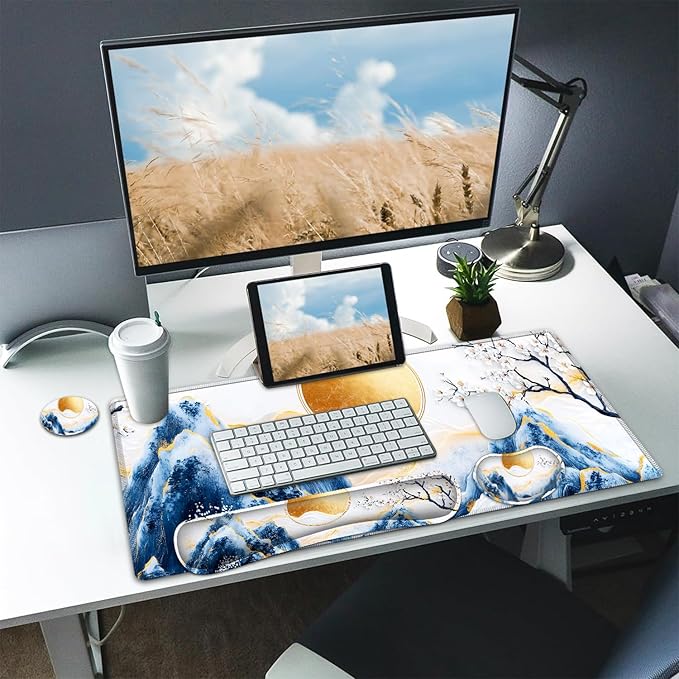 Large Mouse pad and Keyboard Support Set, Ergonomic Memory Foam Keyboard Wrist Rest, Extended Gaming Mouse Pad with Stitched Edges, Porcelain Sakura Bloom Art XXL Desk Mat (31.5 X 11.8 in)