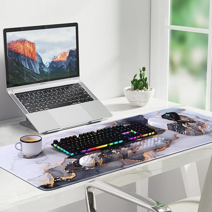 Desk Pad Mat, Large Mouse Pad with Wrist Rest, Ergonomic Keyboard Wrist Support, XXL Carpal Tunnel Mousepad Set with Coaster, Computer Keyboard Matt for Laptop Desktop, White Gray Marble