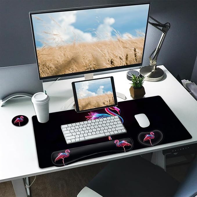 Large Mouse pad and Keyboard Support Set, Ergonomic Memory Foam Keyboard Wrist Rest, Extended Gaming Mouse Pad with Stitched Edges, Pink Flamingo Black XXL Desk Mat (31.5 X 11.8 in)