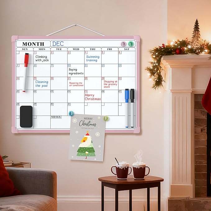 MaxGear Monthly Calendar Dry Erase Board for Wall, 16"x12" Small Hanging Double-Sided White Board, Portable Whiteboard for Planning, Drawing, Memo, to Do List, School, Home, Office, Pink Frame