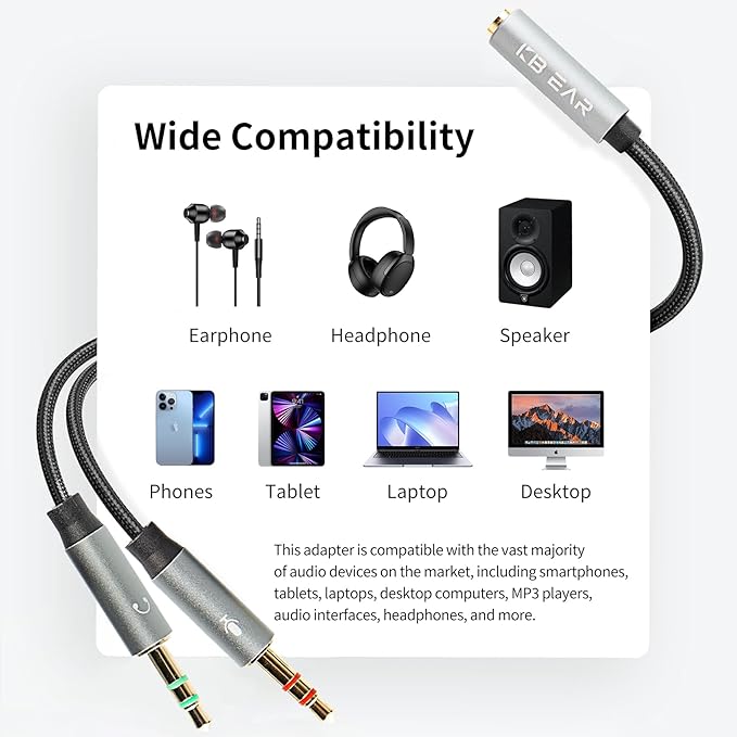 Headphone Splitter for Computer, KBEAR KA01 3.5mm Female to 2 Dual 3.5mm Male Braided Audio Adapter Cable, Y Splitter Audio Cable-Separate Microphone & Headphone Port Gaming Headset Earphone Adapter