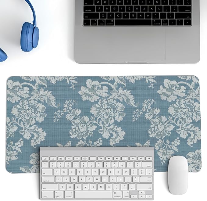 Blue Chinoiserie Mouse Pad,Vintage Blue and White Floral Desk Mat,Big Large Vintage Floral Preppy Trendy Mouse Pad,Girly Gaming Mousepad,Girly Laptop Desk Mat for Dorm Home Office,23.6x11.8 In