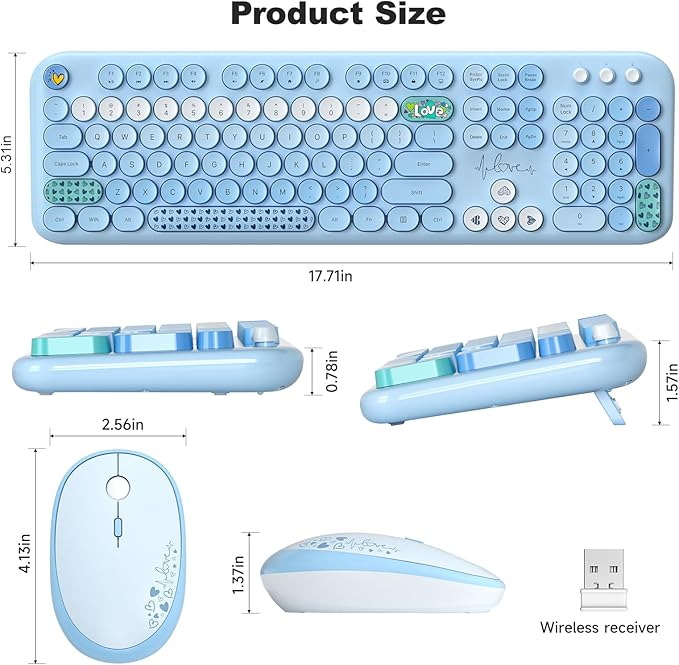 MOFII Wireless Keyboard and Mouse Combo, Cute Keyboard Full Size and Wireless Mouse, 2.4GHz Retro Typewriter Keyboard Mouse Set for PC/Desktop/Laptop/Windows (Blue Colorful)