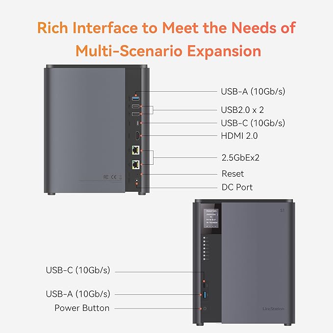 LincStation S1 6-Bay Desktop NAS - Intel N97 Quad-Core, 8GB DDR5 RAM (up to 16GB), 128GB eMMC, 4X SATA HDD + 2X M.2 NVMe SSD, Dual 2.5GbE, Unraid License Included, Network Attached Storage(Diskless)