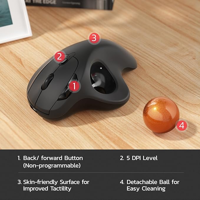 Nulea M501 Wireless Trackball Mouse, Rechargeable Ergonomic, Easy Thumb Control, Precise & Smooth Tracking, 3 Device Connection (Bluetooth or USB Receiver), Compatible for PC, Laptop, Mac (H-DOrange)