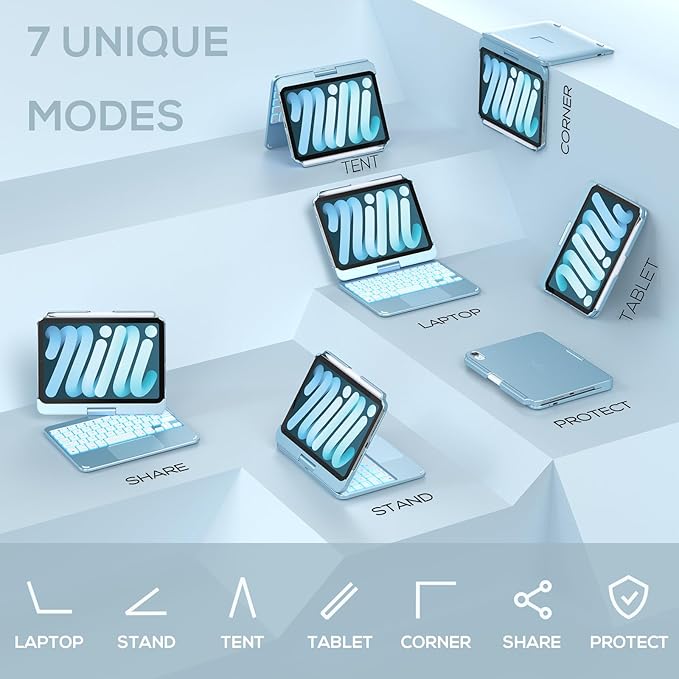 typecase Keyboard Case for iPad mini 7 (2024) & mini 6 (2021) - Wireless Case with Keyboard for iPad mini 7th 6th Generation 8.3" - 11 Colors Backlit Keyboard Cover with Trackpad - Light Blue