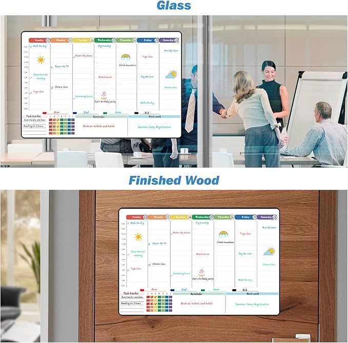 POPRUN Self Adhesive Weekly Dry Erase Calendar Whiteboard with Hourly Slots, 16.5" x 11" Schedule Planner Board for Wall Fridge Smooth Surfaces, School Family Home Organizer