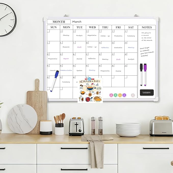 Monthly Whiteboard Calendar for Wall, 24" x 18" Dry Erase Board with Plastic Frame, Hanging Dry Erase Calendar with 3 Mini Sticky Notes for Kitchen Planner, Memo, Home and Office, White