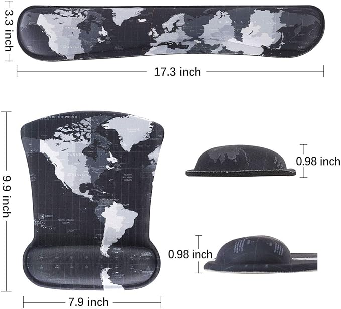 ToLuLu Keyboard Wrist Rest Pad Ergonomic Mouse Pad Set, Mouse Pad for Computer Laptop, Non Slip Mousepad Keyboard Wrist Support with Raised Memory Foam for Easy Typing Pain Relief, Cool World Map