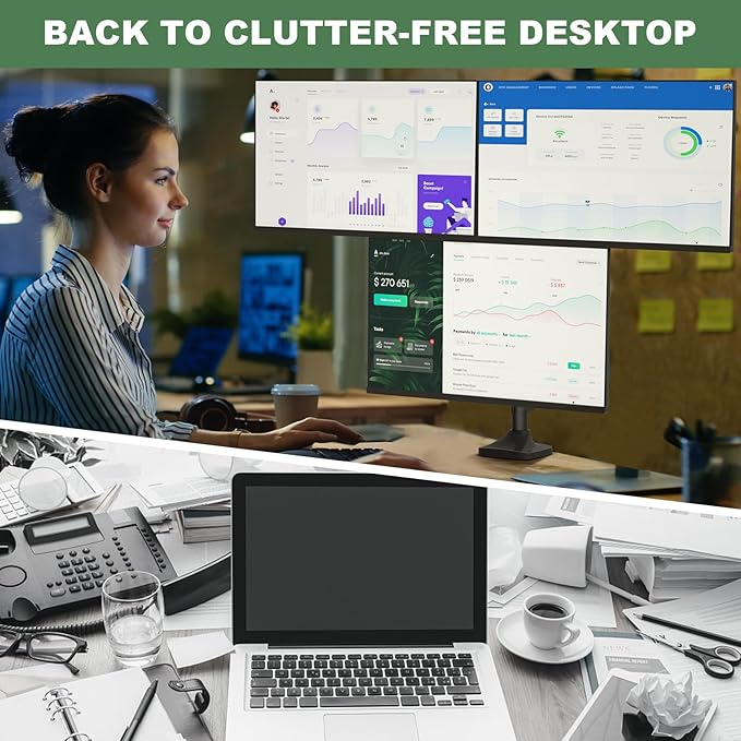 Triple Monitor Stand for Three Computer Screens up to 32”, Heavy Duty C-Clamp Base, Fully Adjustable Gas Spring 3 Monitor Desk Mount Arms Hold up to 30.9 lbs Each