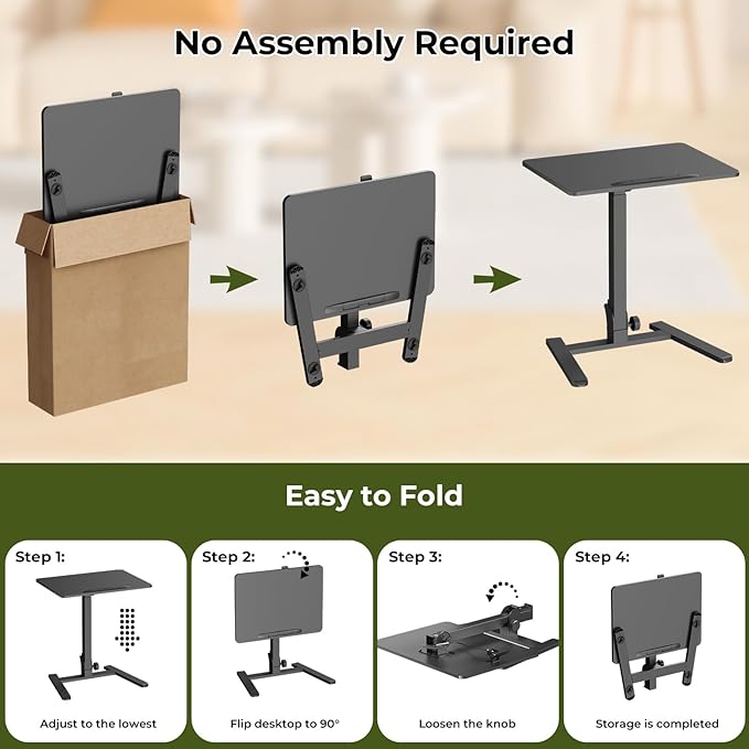 Foldable Standing Desk,Small Mobile Sit-Stand Desk with 90 Tiltable Top,Rolling Rising Laptop Workstation Adjustable Height,Portable Table on Hidden Wheels/4 Lockable Casters,Black