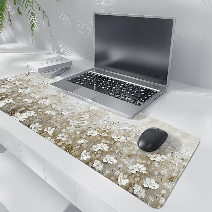 Beige Spring Floral Mouse Pad,Summer Wildflower Aesthetic Mouse Pads,Cottagecore Flower Desk Mat,Cream Floral Botanical Mousepad for Home Office Dorm Desktop Decor,31.5x11.8 Inch