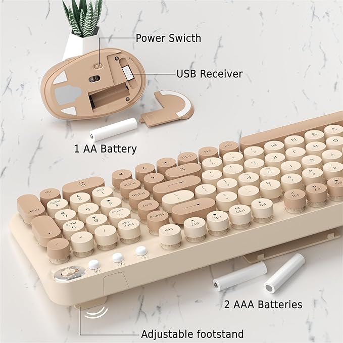 Wireless Keyboard and Mouse Combo, 2.4GHz USB Receiver, Plug and Play, Retro Full Size Typewriter Keyboard and Wireless Mouse for Computer, Laptop, Windows, Mac, and PC (Milk Tea)