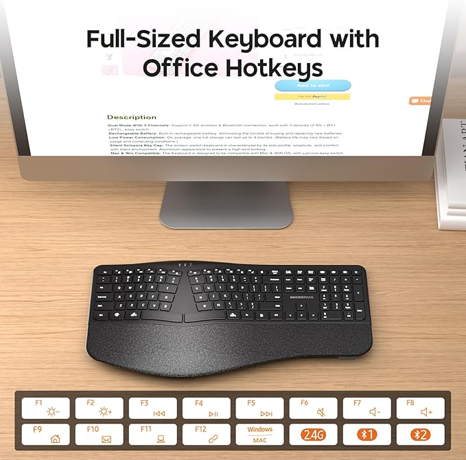Micropack Wireless Ergonomic Split Keyboard with Cushioned Wrist Rest, Bluetooth & 2.4G Multi-Device Keyboard, USB-C Rechargeable, Quiet Scissor Switch for Mac, Windows & Office