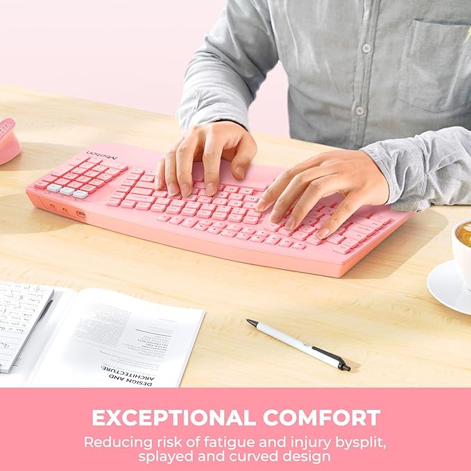 MEETION Ergonomic Keyboard Wireless, Multi-Device Bluetooth Keyboard, Wrist Rest for Natural Typing, Full-Sized Rechargeable Split Computer Keyboards, for Windows/Mac/PC/Laptop/Ta