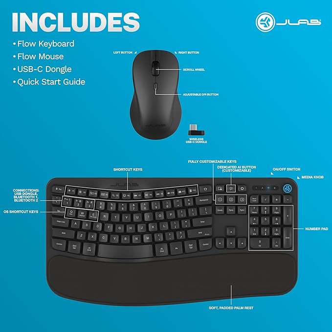 JLab Flow Keyboard & Ambidextrous Mouse Ergonomic Wireless Bundle, Bluetooth or USB-C Dongle, AI Integration, Smart Media Knob, Customize with the JLab App for the Ultimate Home or Work Setup