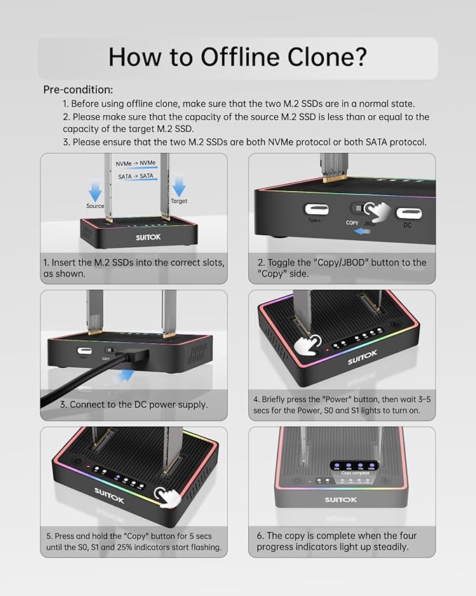 M.2 Duplicator Cloner Dual-Bay Offline USB C to NVMe SATA Dock Station, 20Gbps M2 Reader for Both (M Key, B+M Key) PCIE NGFF Docking, Size for 22110 2280 2260 2242 2230 Enclosure - STK03