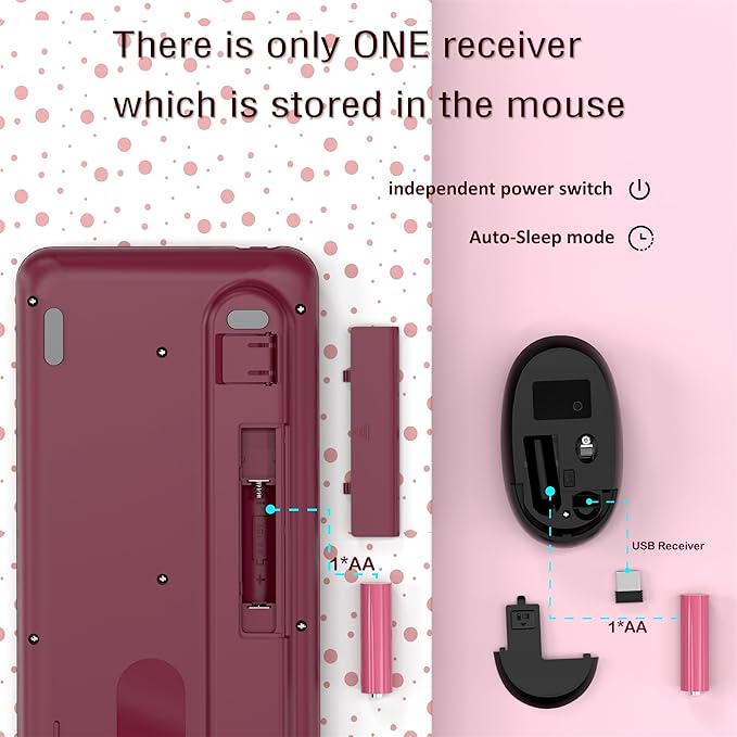 Wireless Keyboard and Mouse Combos, Retro Keyboard and Mouse Wireless Full Size, 2.4Ghz Connection and Optical Mouse for Windows, Mac, PC, Laptop for Home and Office (Burgundy-Black)