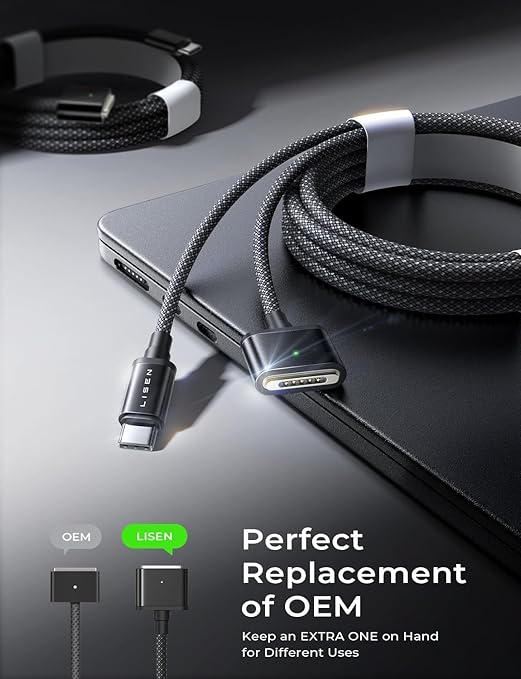 LISEN USB-C to Magnetic 3 Cable (3.3FT/Black) for M4 MacBook Air Pro Charger, 140W Magnetic Safe 3 Cable for MacBook Air (15''/13'' M4 2025, M3 2024, M2 2023, M2 2022), Pro (16"/14" 2024/2023/2021)