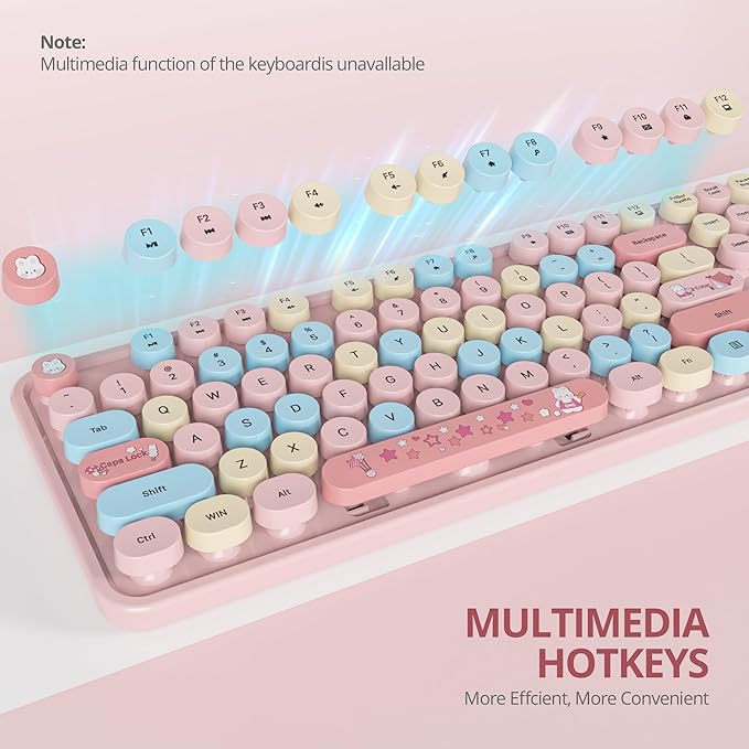 Cute Pink Keyboard and Mouse Combo Wireless, 2.4G Full Size 104-Key Retro Typewriter Keyboards Round Keys for Students Teenagers Home Office PC Laptop(Colorful Pink)