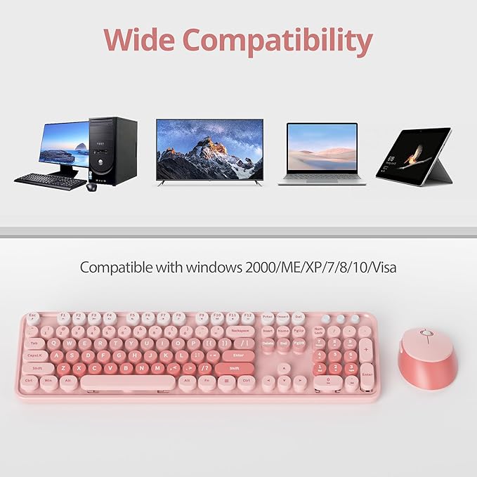 Cute Pink Keyboard and Mouse Combo Wireless, 2.4G Full Size 104-Key Retro Typewriter Keyboards Round Keys for Students Teenagers Home Office PC Laptop(Diary Pink)
