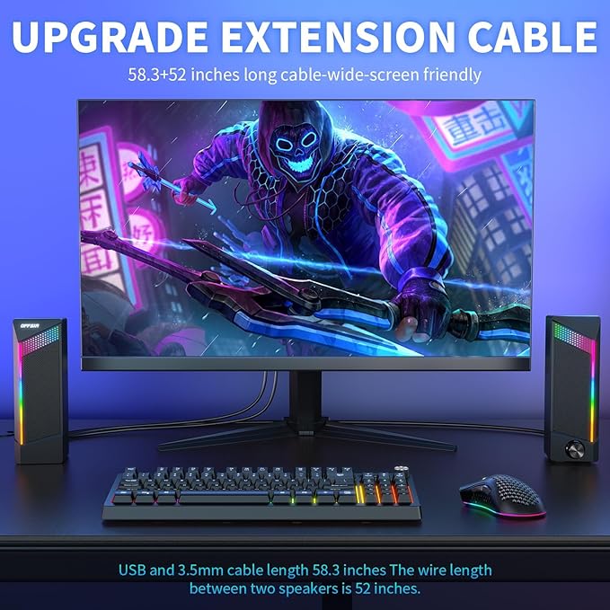 Computer Speakers, 2 in 1 PC Speaker , Gaming Speakers for PC Computer Laptop Desktop Monitor, RGB Speakers with Touch Sensitive Lighting, USB Powered 3.5mm Aux(Package Only Two Speaker, No Soundbar)