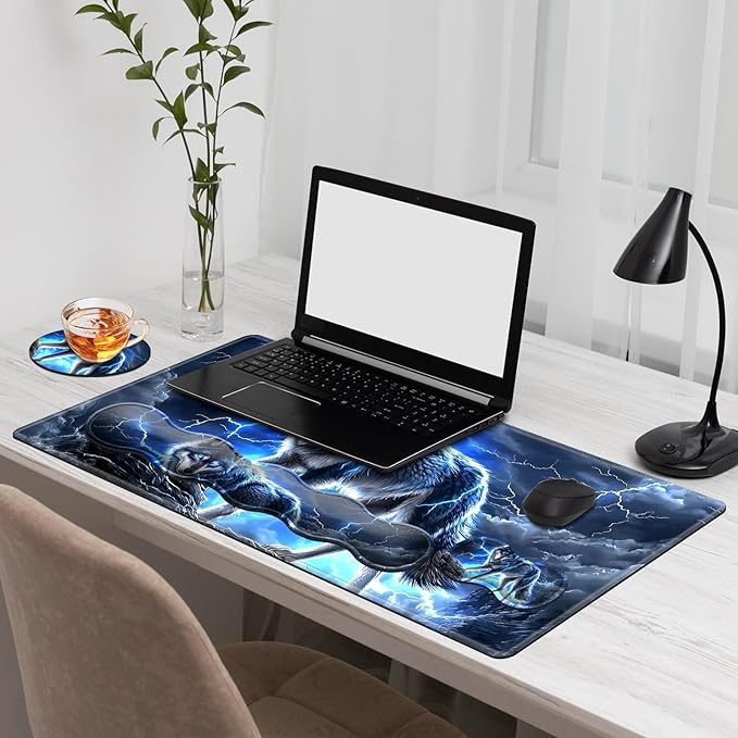 Gaming Mouse Pad Set, Majestic Blue Wolf Large Desk Mat Mousepad, Keyboard Wrist Support, Mouse Wrist Rest, Coaster 4in1 Ergonomic Memory Foam, Non-Slip Stitched Edge for Home Office
