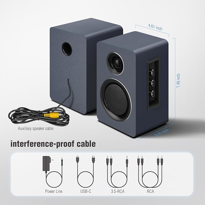 Computer Speakers for Desktop PC, Active Bookshelf Speaker with 3‘’ Carbon Fiber Woofer and Silk Film Tweeter ,Supports Bluetooth 5.3, USB-C, AUX/RCA Input for Record Player TV - Gray Stereo Set