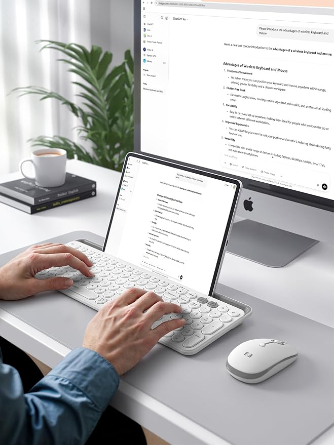 seenda Bluetooth Keyboard and Mouse for iPad, CTU-301 Wireless Multi-Device Connection Bluetooth+2.4G Keyboard Mouse Combo with Tablet Holder for iPad/MacBook/Windows, iOS/Andriod/Phone, White