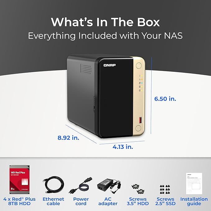 QNAP TS-264-8G-28WD-US 2 Bay High-Performance Desktop NAS with 8TB Storage Capacity, Preconfigured RAID1 WD Red Plus HDD Bundle