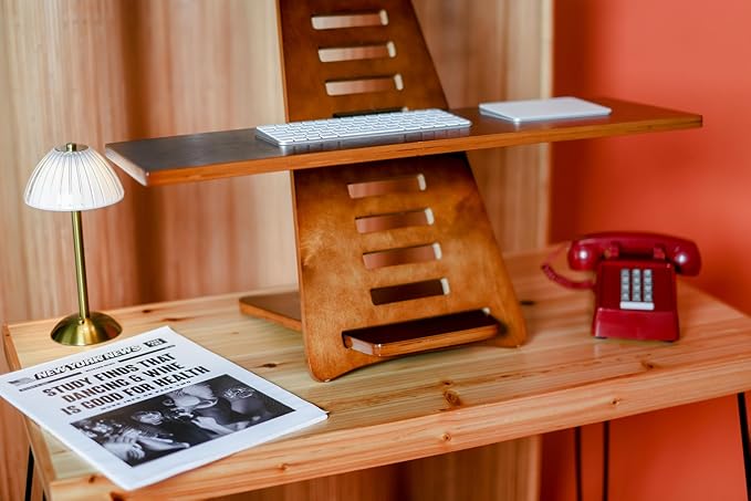 Sleekform Standing Desk Converter - Adjustable Height Sit to Stand Up Desk Riser, Workstation for Office or Home, Tabletop Wood Portable - Walnut