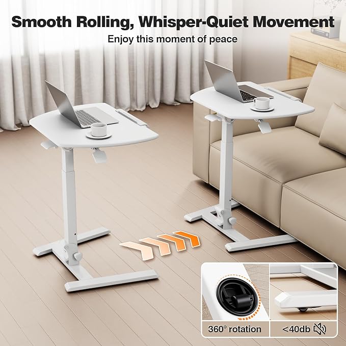 ROMOON Folding Small Standing Desk with Wheels, No-Assembly Portable Sit-Stand Laptop Cart, Adjustable Height Rolling Space Saving Workstation for Home Office, Small Space (White)