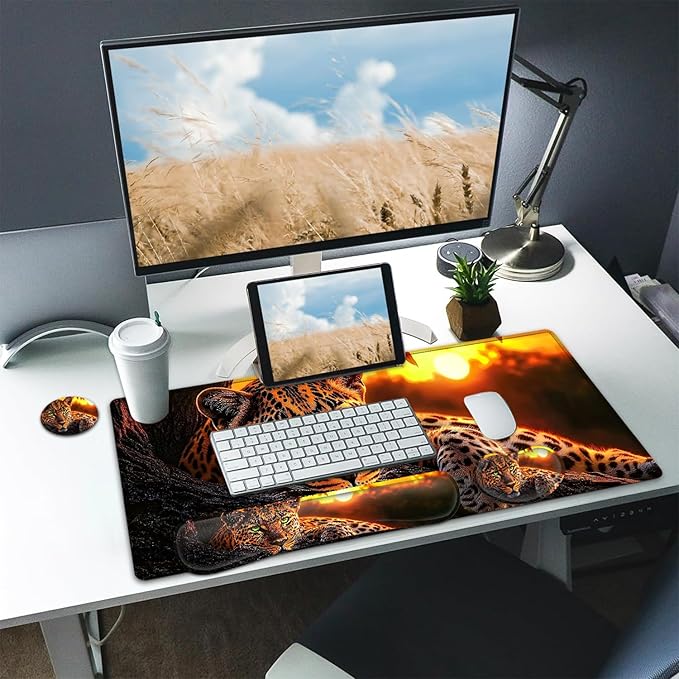 Large Mouse pad and Keyboard Support Set, Ergonomic Memory Foam Keyboard Wrist Rest, Extended Gaming Mouse Pad with Stitched Edges, Animal Leopard XXL Desk Mat (31.5 X 11.8 in)