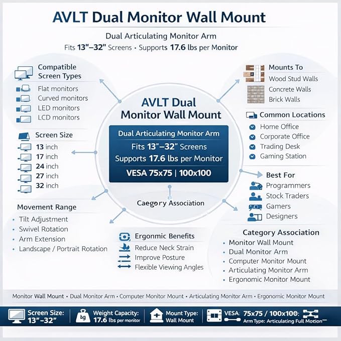 AVLT Dual 13"-32" Monitor Wall Mount fits Two Flat/Curved Computer Screen to Reduce Eye & Neck Strain | Full Motion Swivel Tilt Rotation Height Adjustable Arm | VESA/Cable Management