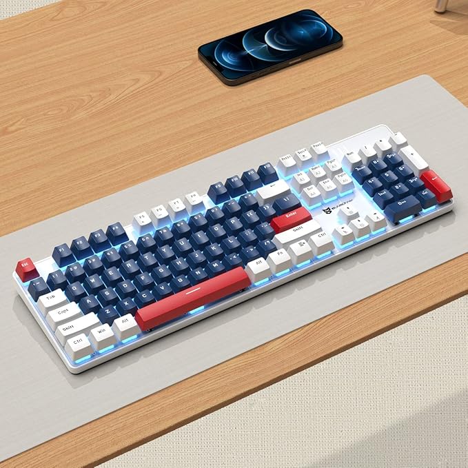 104 Keys Full Size Mechanical Gaming Keyboard | Red Switch Blue/White/Red Combo Color Computer Keyboards | 104 Keys US Layout Wired Mechanical PC Gaming Keyboard | Light Up Wired Clicky Keyboards