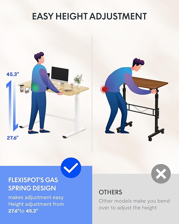 FLEXISPOT H7 Plus Gas Spring Adjustable Standing Desk, Mobile Rolling Sit-Stand Table with Wheels, Cordless Stand Up Desk for Small Spaces & Home Office, 48" One-Piece Desktop Maple,Height 27.6"–45"