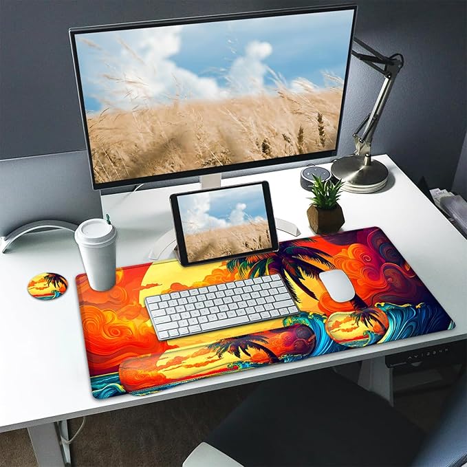 Large Mouse pad and Keyboard Support Set, Ergonomic Memory Foam Keyboard Wrist Rest, Extended Gaming Mouse Pad with Stitched Edges, Psychedelic Shoreline XXL Desk Mat (31.5 X 11.8 in)