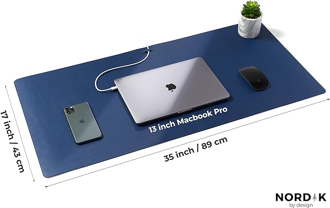Nordik Leather Desk Mat Cable Organizer (Midnight Blue 35 x 17 inch) Premium Extended Mouse Mat for Home Office Accessories - Felt Vegan Large Leather Desk Pad Protector & Desk Blotter Pads Decor