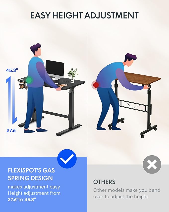 FLEXISPOT H7 Plus Gas Spring Adjustable Standing Desk, Mobile Rolling Sit-Stand Table with Wheels, Cordless Stand Up Desk for Small Spaces & Home Office, 40" One-Piece Desktop Black,Height 27.6"–45"